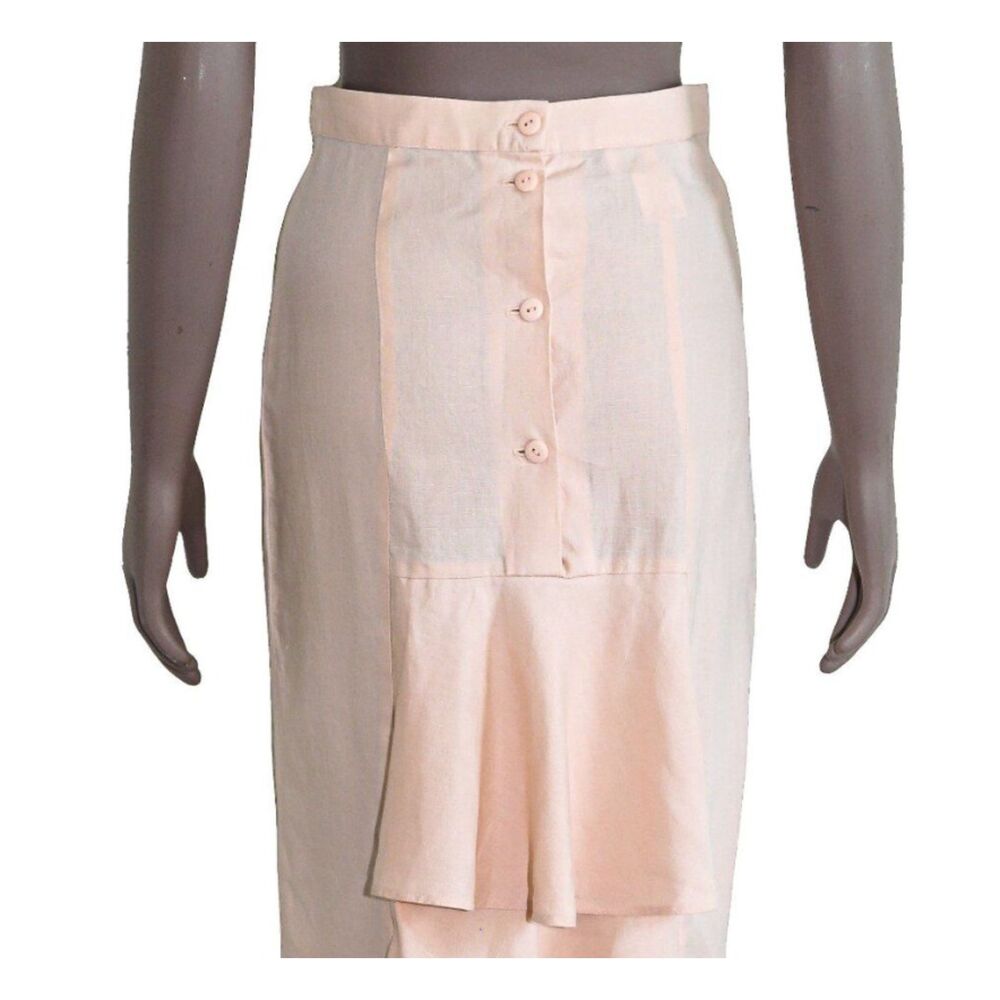 Jessica McClintock Linen Maxi Skirt Tiered Ruffle Button Front Blush Size 6 - Picture 4 of 5